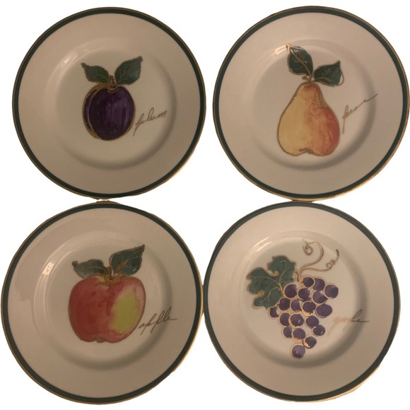 Set/4 Crate and Barrel Apple Grapes Plum Pear Salad Dessert Plates Gold Trim 8" - Picture 7 of 7